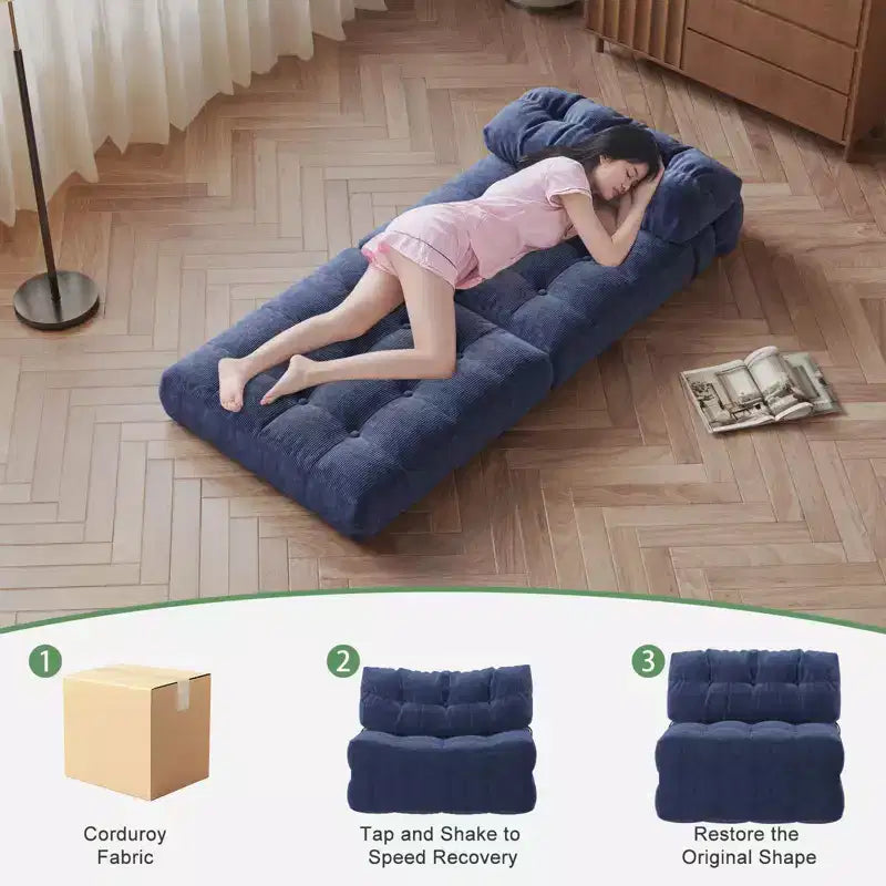 Divano letto pieghevole in velluto a coste Beige / Blu Scuro / Grigio Scuro – Poltrona letto convertibile 5-in-1, 1 posto