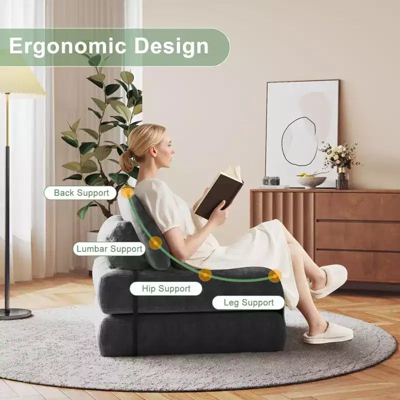 Divano letto pieghevole in velluto a coste Beige / Blu Scuro / Grigio Scuro – Poltrona letto convertibile 5-in-1, 1 posto