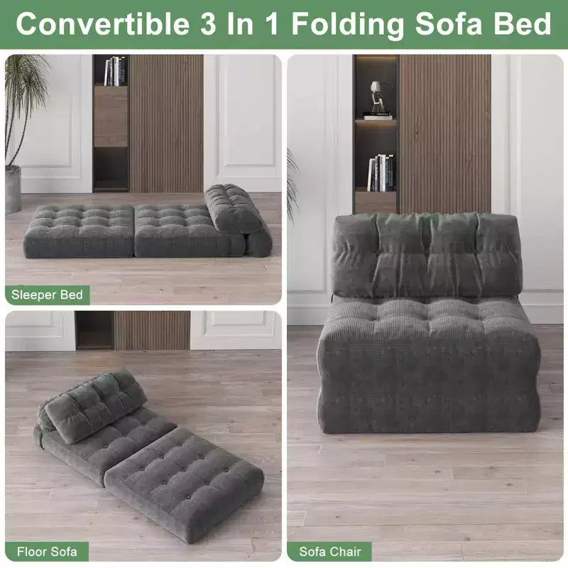 Divano letto pieghevole in velluto a coste Beige / Blu Scuro / Grigio Scuro – Poltrona letto convertibile 5-in-1, 1 posto