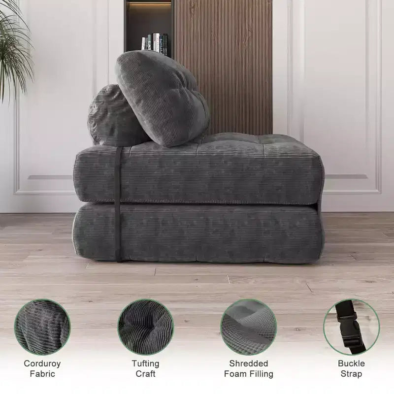 Divano letto pieghevole in velluto a coste Beige / Blu Scuro / Grigio Scuro – Poltrona letto convertibile 5-in-1, 1 posto