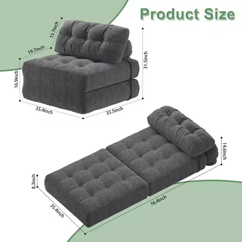Divano letto pieghevole in velluto a coste Beige / Blu Scuro / Grigio Scuro – Poltrona letto convertibile 5-in-1, 1 posto