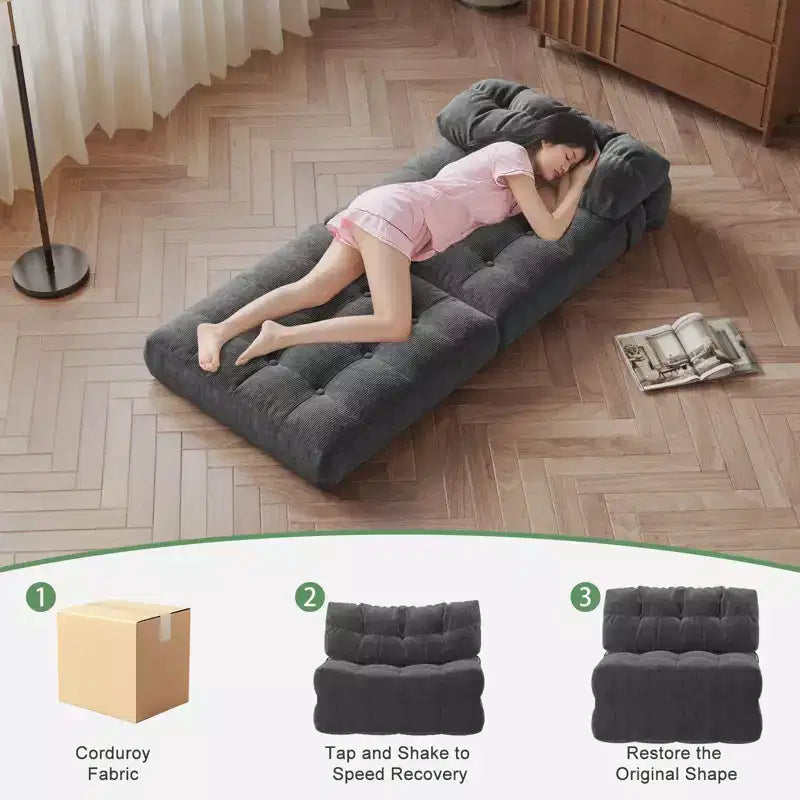 Divano letto pieghevole in velluto a coste Beige / Blu Scuro / Grigio Scuro – Poltrona letto convertibile 5-in-1, 1 posto