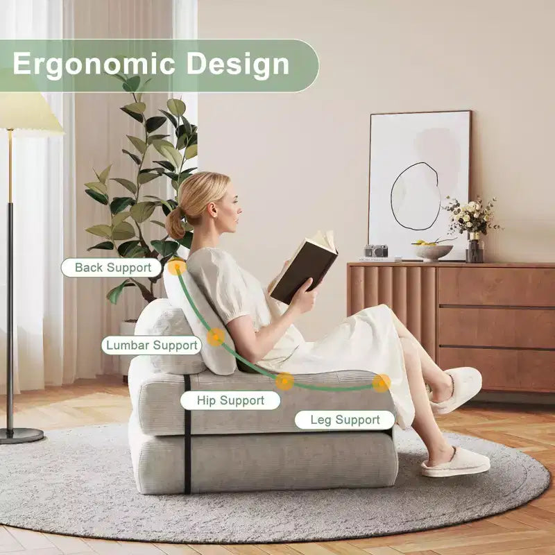Divano letto pieghevole in velluto a coste Beige / Blu Scuro / Grigio Scuro – Poltrona letto convertibile 5-in-1, 1 posto