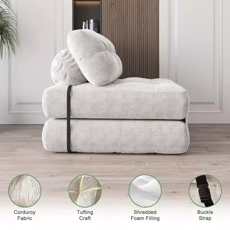 Divano letto pieghevole in velluto a coste Beige / Blu Scuro / Grigio Scuro – Poltrona letto convertibile 5-in-1, 1 posto