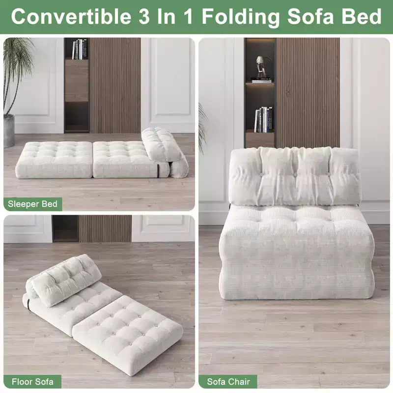 Divano letto pieghevole in velluto a coste Beige / Blu Scuro / Grigio Scuro – Poltrona letto convertibile 5-in-1, 1 posto