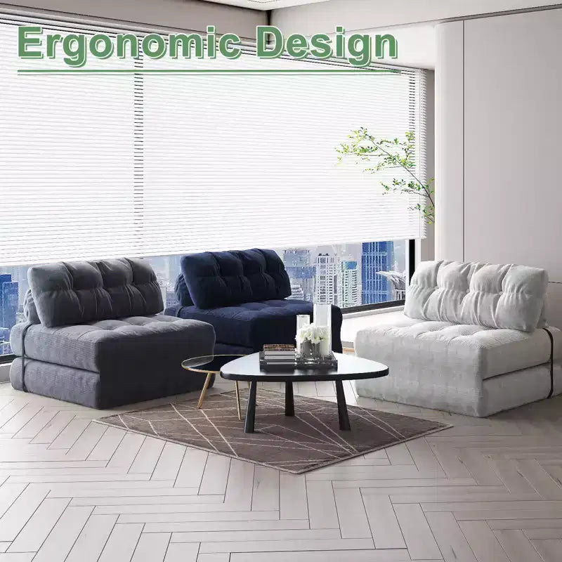Divano letto pieghevole in velluto a coste Beige / Blu Scuro / Grigio Scuro – Poltrona letto convertibile 5-in-1, 1 posto