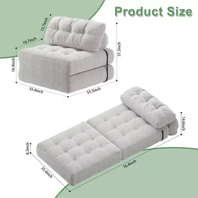 Divano letto pieghevole in velluto a coste Beige / Blu Scuro / Grigio Scuro – Poltrona letto convertibile 5-in-1, 1 posto