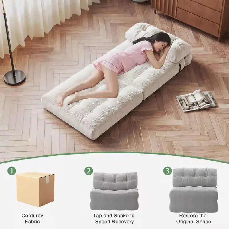 Divano letto pieghevole in velluto a coste Beige / Blu Scuro / Grigio Scuro – Poltrona letto convertibile 5-in-1, 1 posto