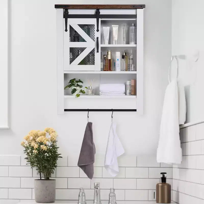 Pensile da bagno bianco con anta scorrevole a granaio, 1 anta e 3 ripiani, 59,9 cm L x 20 cm P x 73,9 cm H