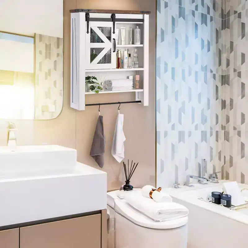 Pensile da bagno bianco con anta scorrevole a granaio, 1 anta e 3 ripiani, 59,9 cm L x 20 cm P x 73,9 cm H
