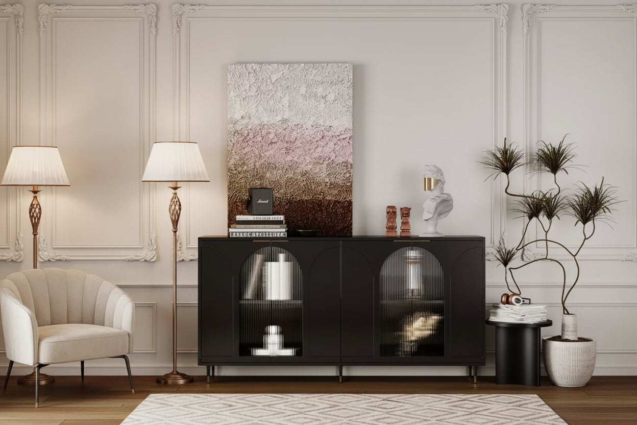 Accent Cabinet Lacquered Wooden Cabinet with 4 Glass Doors Sideboard Buffet Server Cabinet Storage Cabinet