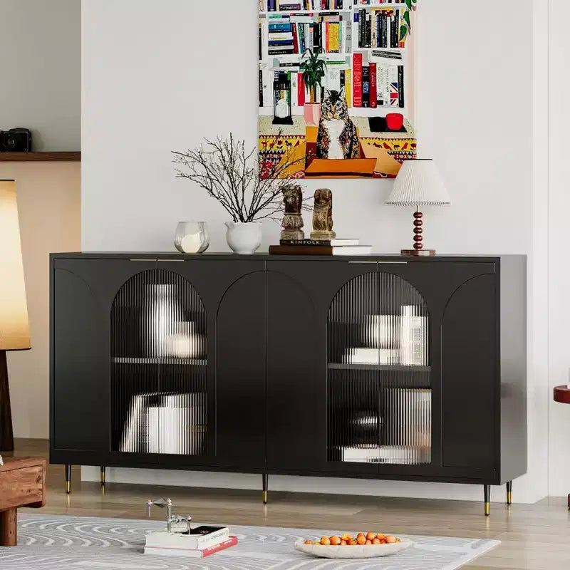 Credenza con ante in vetro scanalato bianco – 4 ante, 4 ripiani