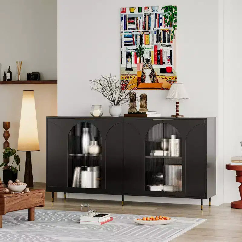 Credenza con ante in vetro scanalato bianco – 4 ante, 4 ripiani