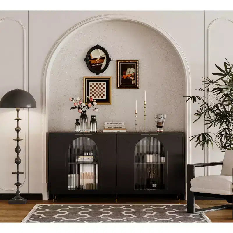 Credenza con ante in vetro scanalato bianco – 4 ante, 4 ripiani