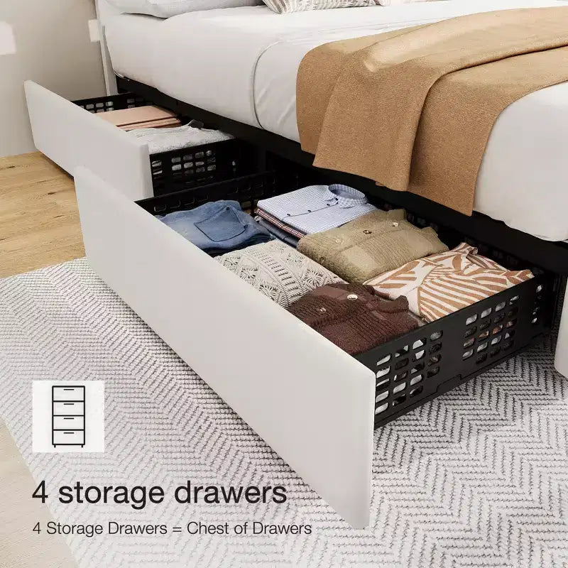 Letto imbottito king size con piattaforma, testiera regolabile, 4 cassetti – Nero / Bianco, per 2 persone