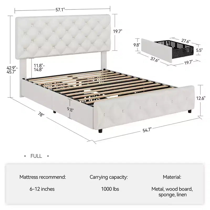 Letto imbottito king size con piattaforma, testiera regolabile, 4 cassetti – Nero / Bianco, per 2 persone