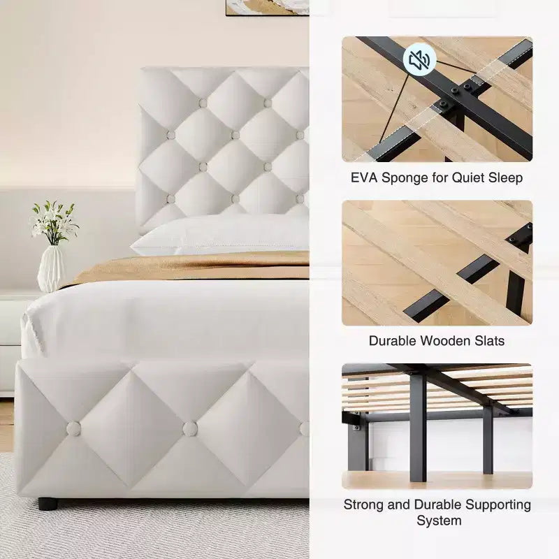 Letto imbottito king size con piattaforma, testiera regolabile, 4 cassetti – Nero / Bianco, per 2 persone