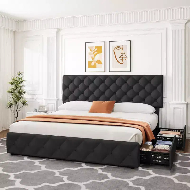 Letto imbottito king size con piattaforma, testiera regolabile, 4 cassetti – Nero / Bianco, per 2 persone