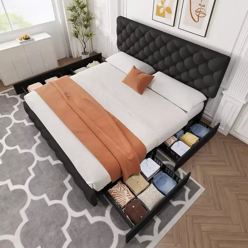 Letto imbottito king size con piattaforma, testiera regolabile, 4 cassetti – Nero / Bianco, per 2 persone