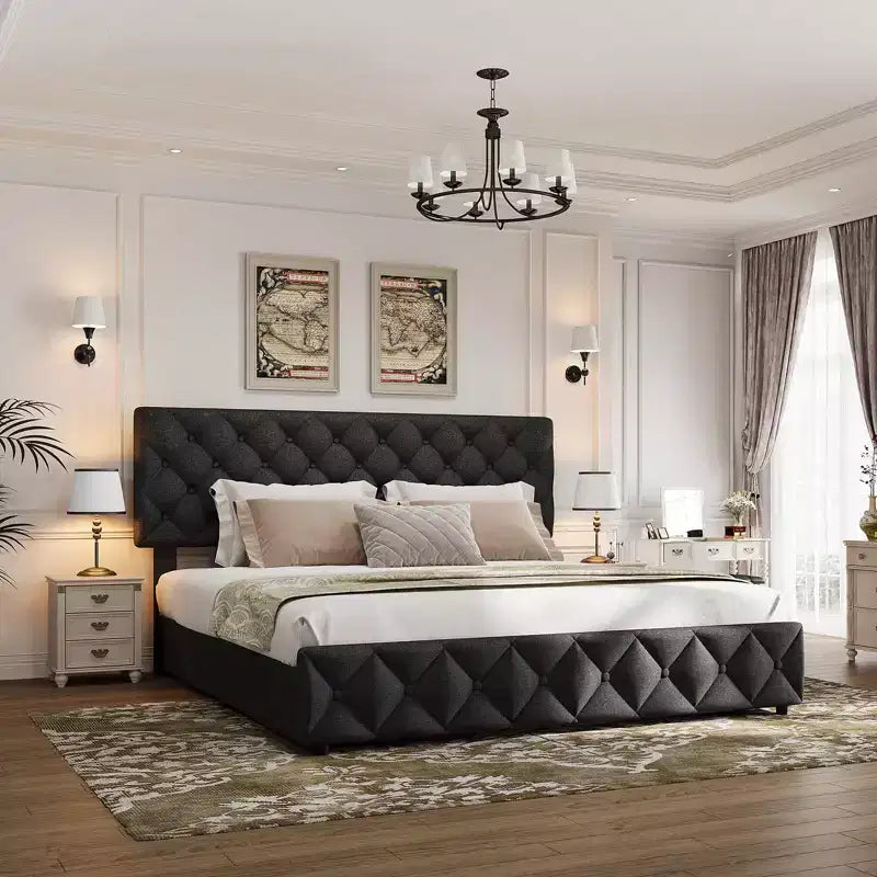 Letto imbottito king size con piattaforma, testiera regolabile, 4 cassetti – Nero / Bianco, per 2 persone