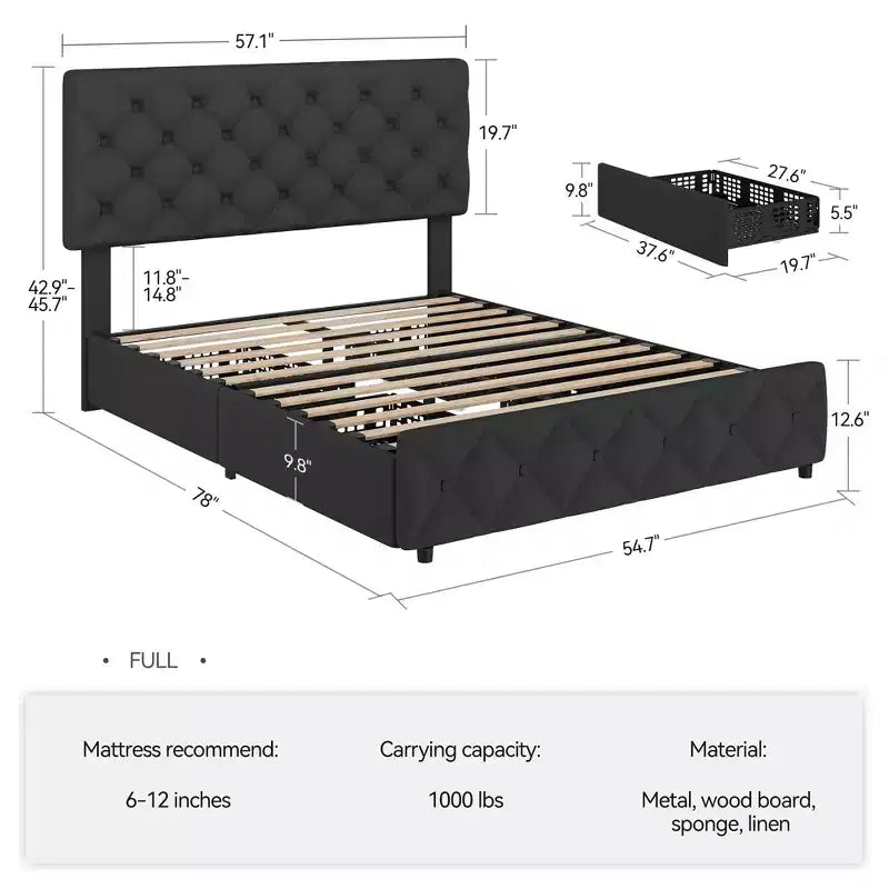Letto imbottito king size con piattaforma, testiera regolabile, 4 cassetti – Nero / Bianco, per 2 persone