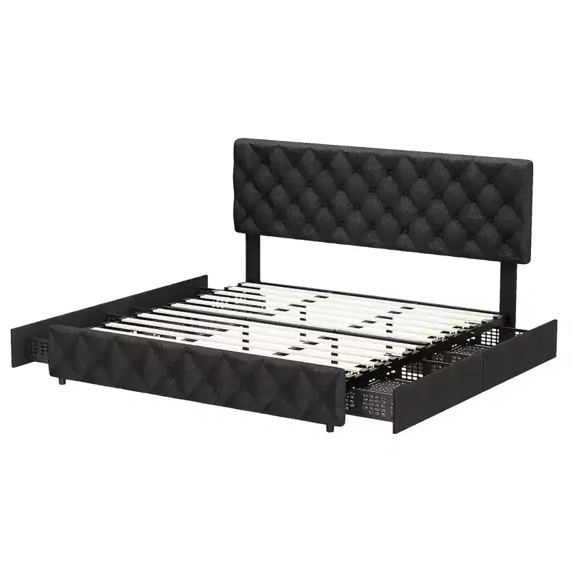 Letto imbottito king size con piattaforma, testiera regolabile, 4 cassetti – Nero / Bianco, per 2 persone