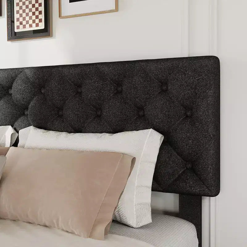 Letto imbottito king size con piattaforma, testiera regolabile, 4 cassetti – Nero / Bianco, per 2 persone