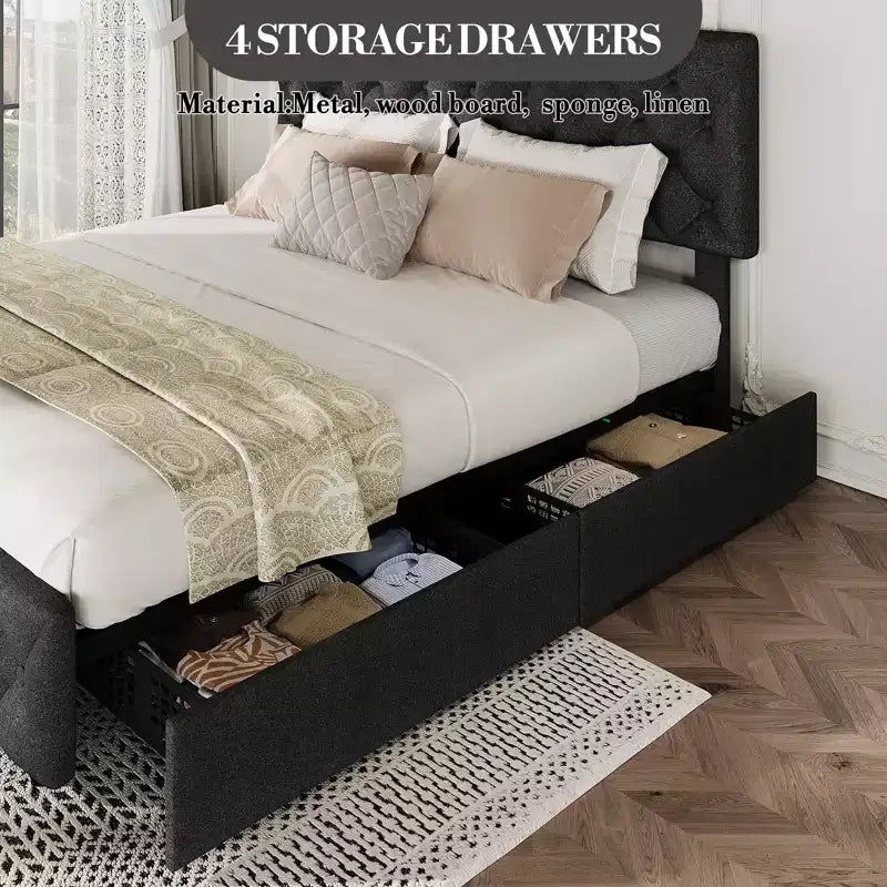 Letto imbottito king size con piattaforma, testiera regolabile, 4 cassetti – Nero / Bianco, per 2 persone