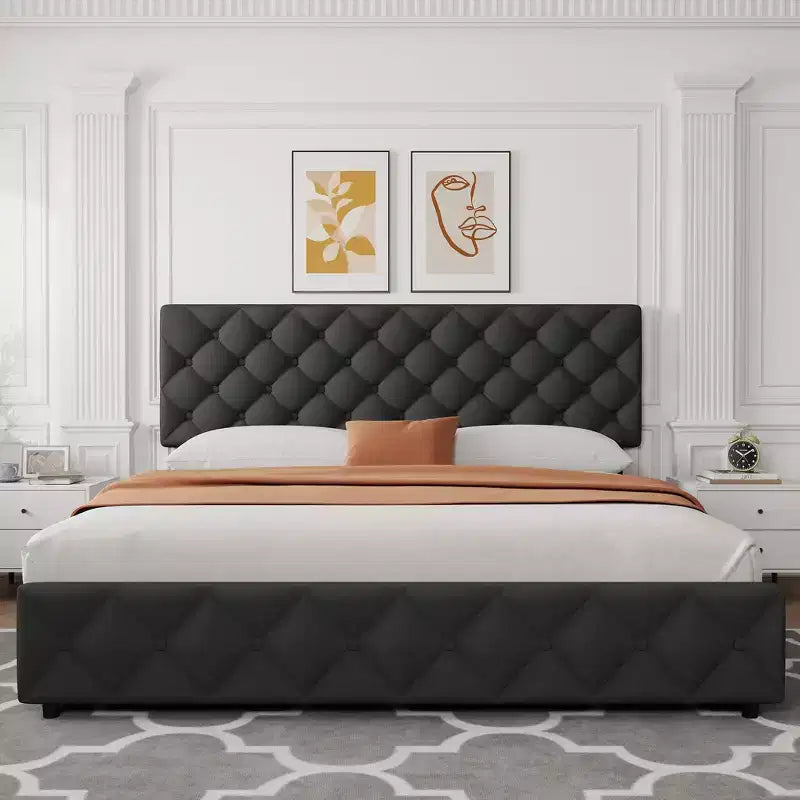 King Size Platform Bed Frame with Adjustable Headboard and 4 Drawers, Modern Grey Upholstered Bed Frame with Footboard, Wooden Slats Support