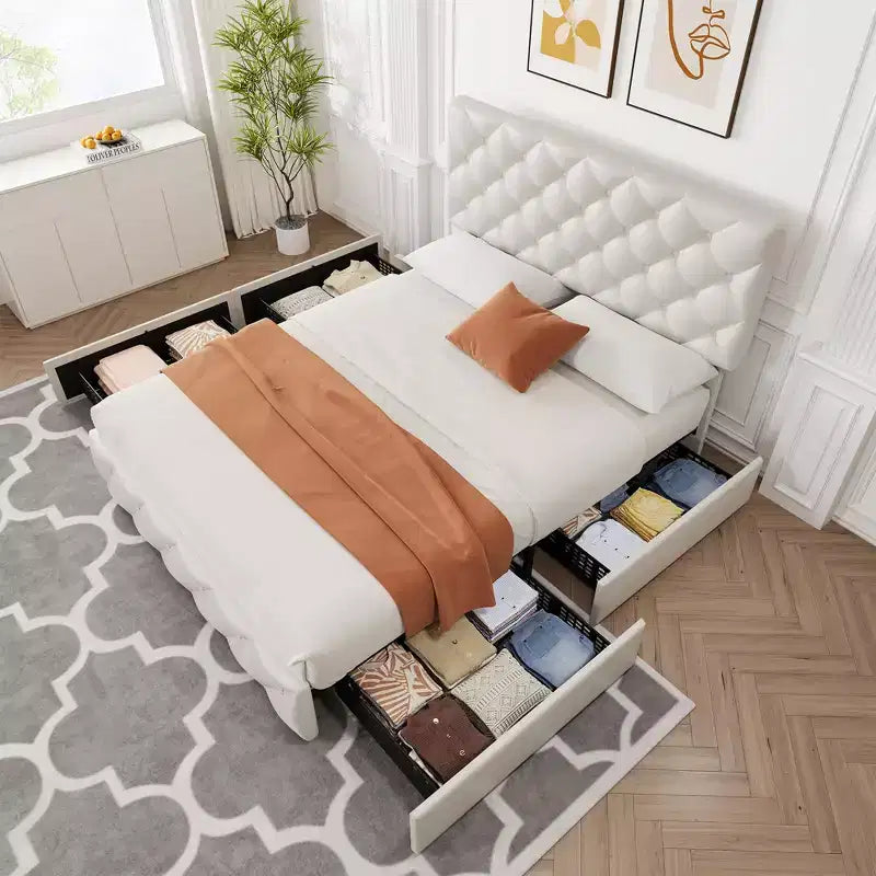 Letto imbottito king size con piattaforma, testiera regolabile, 4 cassetti – Nero / Bianco, per 2 persone