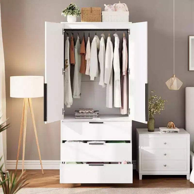 Armadio Guardaroba da 176,5 cm – Nero / Bianco / Colore Legno | 2 Ante in Rattan | 3 Cassetti | 1 Persona