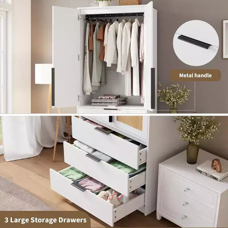 Armadio Guardaroba da 176,5 cm – Nero / Bianco / Colore Legno | 2 Ante in Rattan | 3 Cassetti | 1 Persona