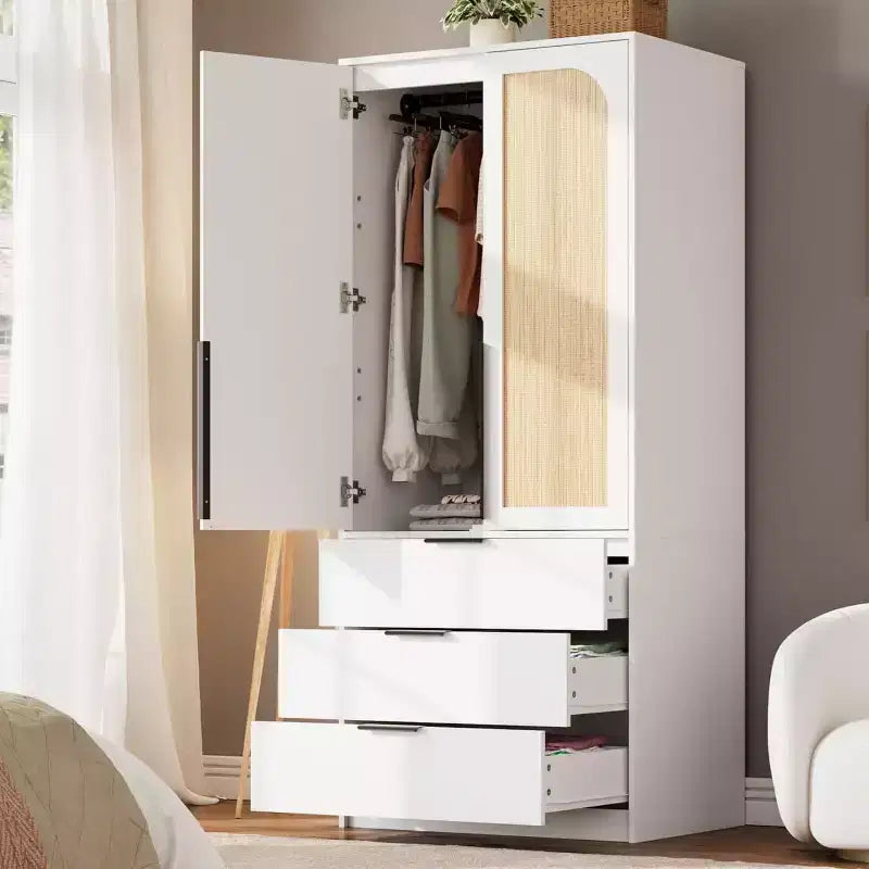 Armadio Guardaroba da 176,5 cm – Nero / Bianco / Colore Legno | 2 Ante in Rattan | 3 Cassetti | 1 Persona