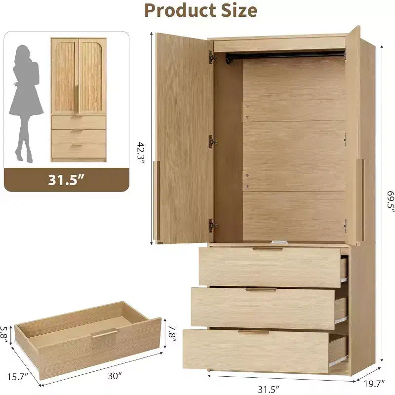 Armadio Guardaroba da 176,5 cm – Nero / Bianco / Colore Legno | 2 Ante in Rattan | 3 Cassetti | 1 Persona