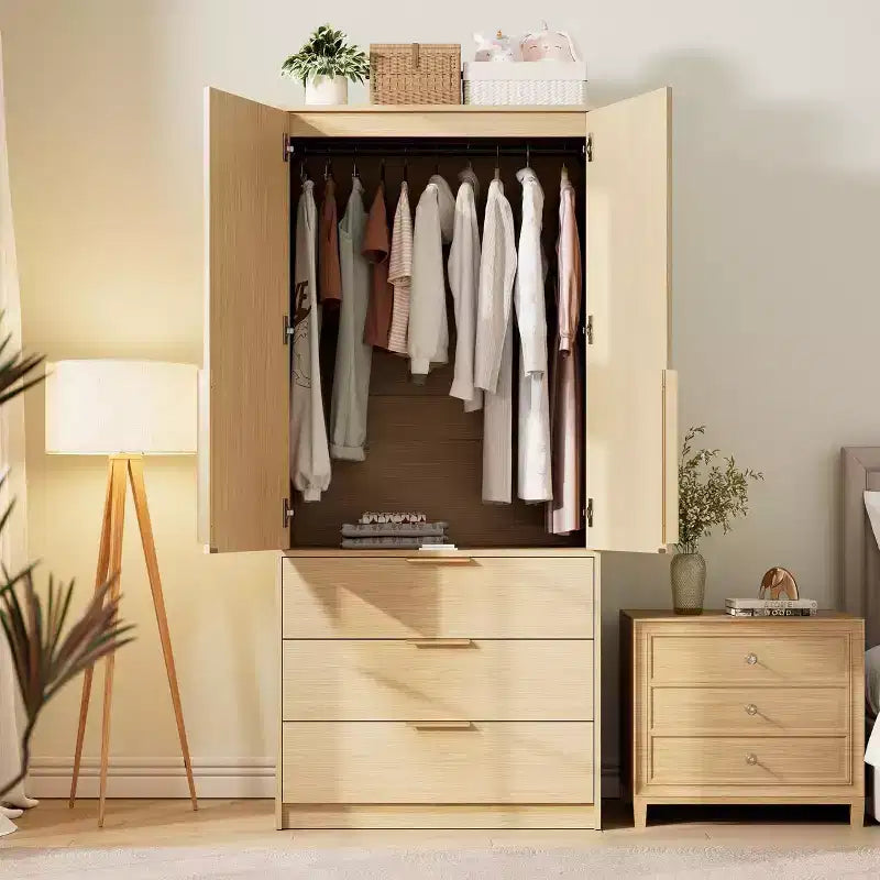Armadio Guardaroba da 176,5 cm – Nero / Bianco / Colore Legno | 2 Ante in Rattan | 3 Cassetti | 1 Persona