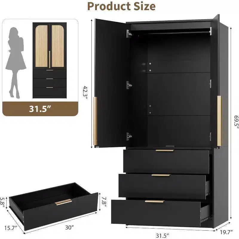 Armadio Guardaroba da 176,5 cm – Nero / Bianco / Colore Legno | 2 Ante in Rattan | 3 Cassetti | 1 Persona