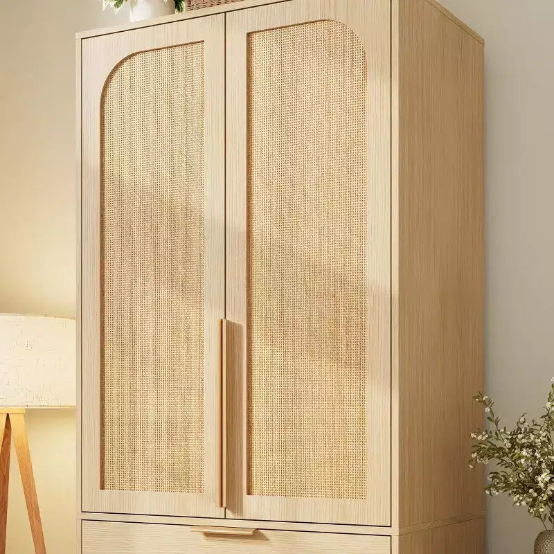 Armadio Guardaroba da 176,5 cm – Nero / Bianco / Colore Legno | 2 Ante in Rattan | 3 Cassetti | 1 Persona