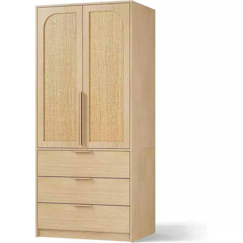 Armadio Guardaroba da 176,5 cm – Nero / Bianco / Colore Legno | 2 Ante in Rattan | 3 Cassetti | 1 Persona