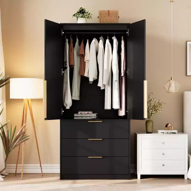 Armadio Guardaroba da 176,5 cm – Nero / Bianco / Colore Legno | 2 Ante in Rattan | 3 Cassetti | 1 Persona