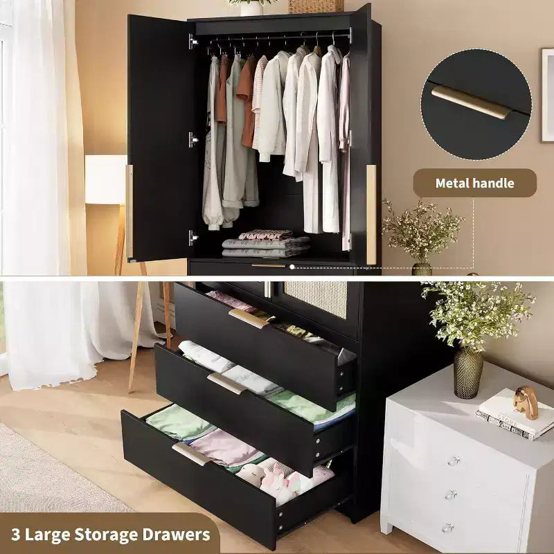Armadio Guardaroba da 176,5 cm – Nero / Bianco / Colore Legno | 2 Ante in Rattan | 3 Cassetti | 1 Persona