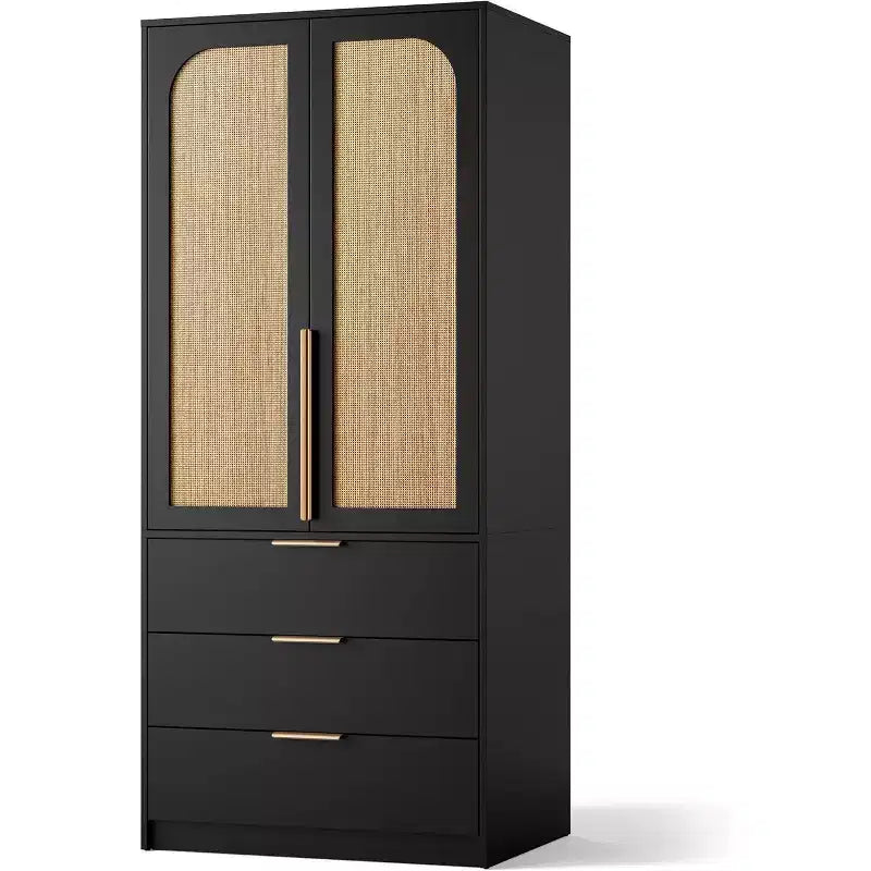 Armadio Guardaroba da 176,5 cm – Nero / Bianco / Colore Legno | 2 Ante in Rattan | 3 Cassetti | 1 Persona