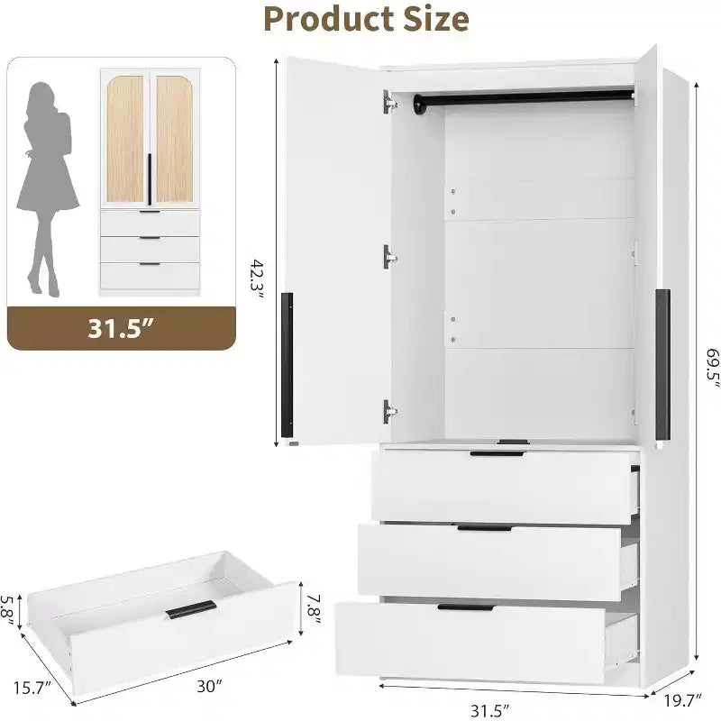 Armadio Guardaroba da 176,5 cm – Nero / Bianco / Colore Legno | 2 Ante in Rattan | 3 Cassetti | 1 Persona