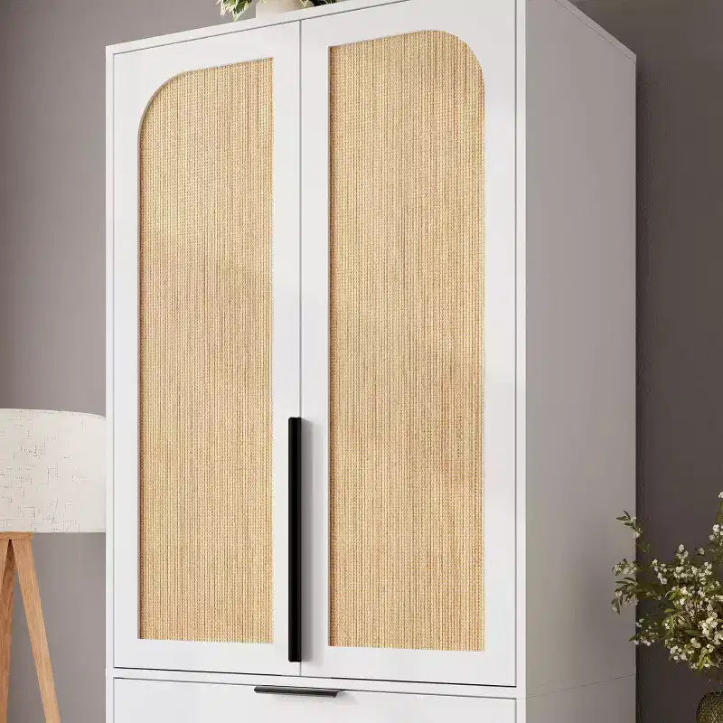 Armadio Guardaroba da 176,5 cm – Nero / Bianco / Colore Legno | 2 Ante in Rattan | 3 Cassetti | 1 Persona