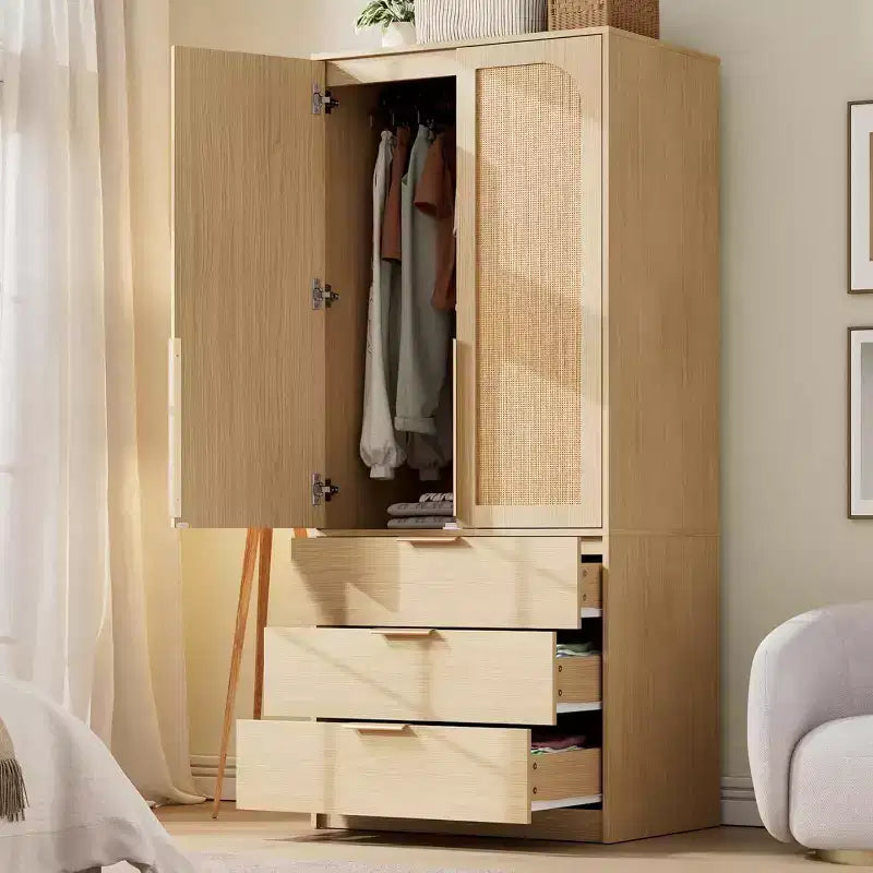 Armadio Guardaroba da 176,5 cm – Nero / Bianco / Colore Legno | 2 Ante in Rattan | 3 Cassetti | 1 Persona