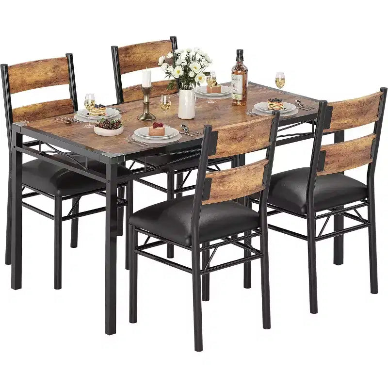 Set tavolo da pranzo marrone/grigio – piano in legno e sedie imbottite, 3 o 5 posti