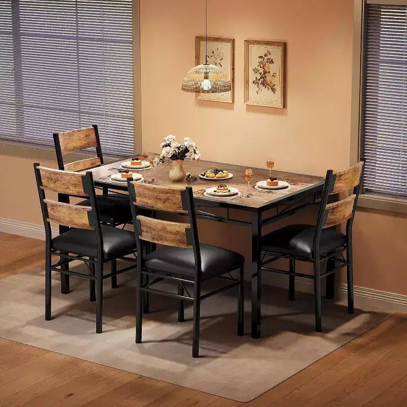 Set tavolo da pranzo marrone/grigio – piano in legno e sedie imbottite, 3 o 5 posti