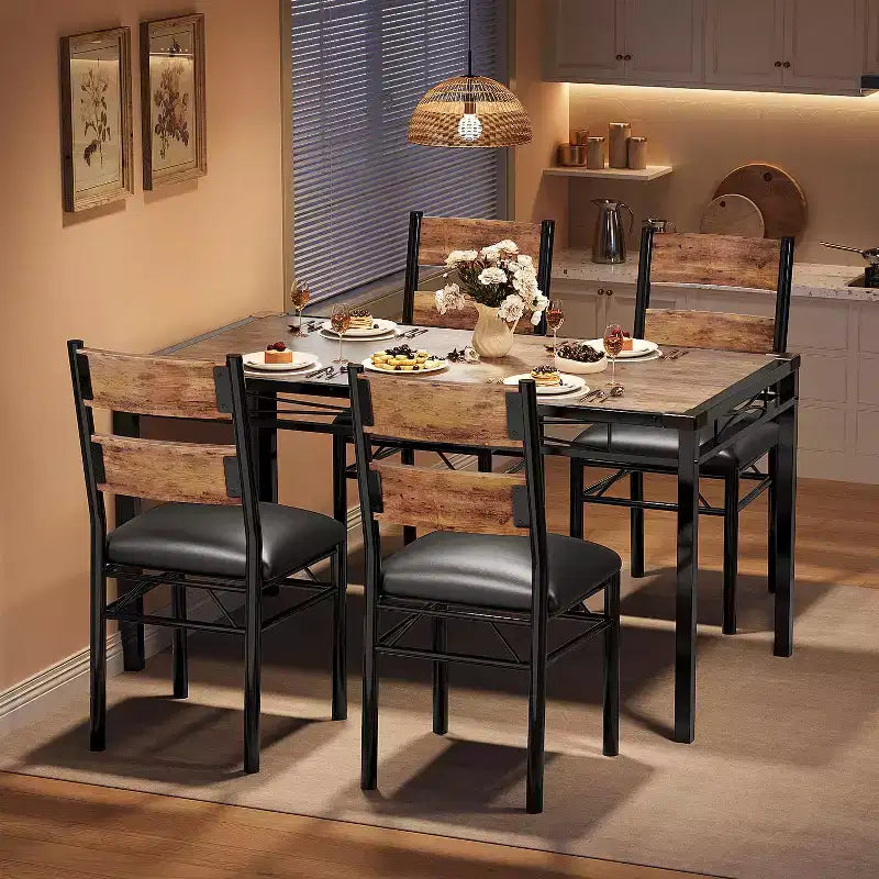 Set tavolo da pranzo marrone/grigio – piano in legno e sedie imbottite, 3 o 5 posti