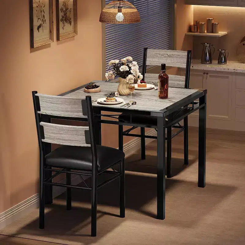 Set tavolo da pranzo marrone/grigio – piano in legno e sedie imbottite, 3 o 5 posti