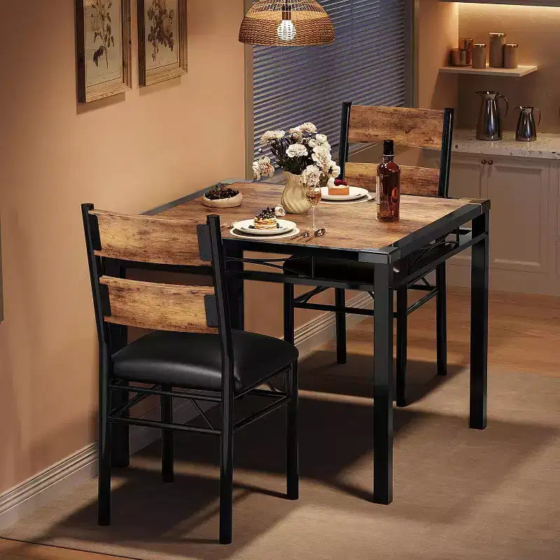 Set tavolo da pranzo marrone/grigio – piano in legno e sedie imbottite, 3 o 5 posti