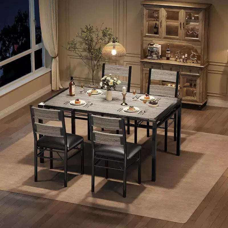 Set tavolo da pranzo marrone/grigio – piano in legno e sedie imbottite, 3 o 5 posti